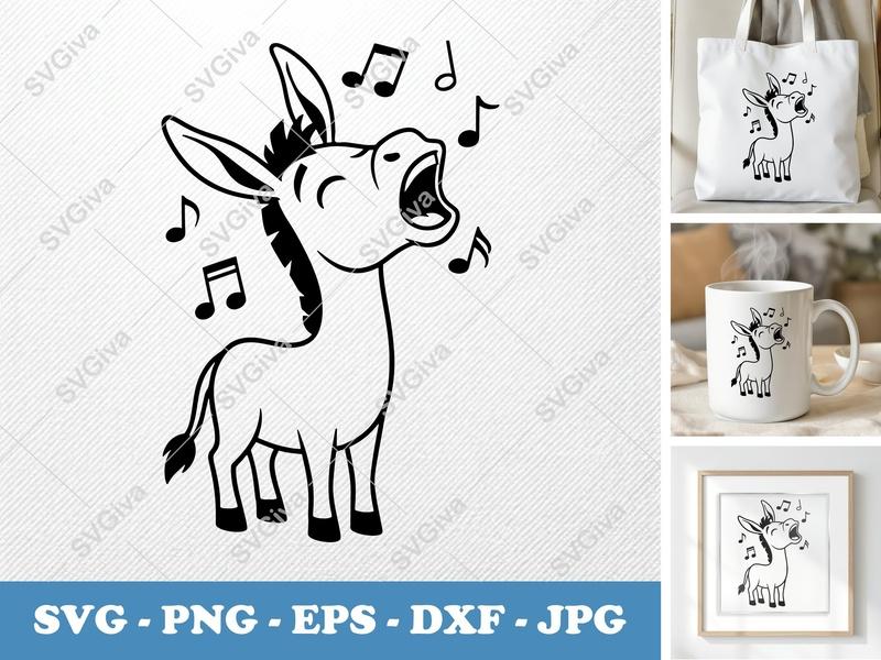 Donkey Singing SVG | Friendly Rounded Bean-Shaped Forms | PNG DXF EPS | Cricut Silhouette Cut File