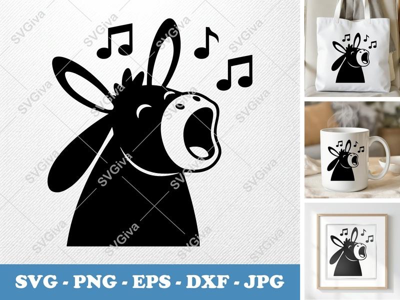Donkey Singing SVG | Puffy Cartoon Mule Cut File | Inflated Animal Design for Cricut, Silhouette | PNG DXF EPS