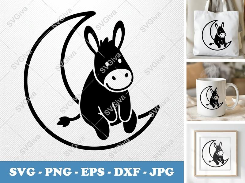 Donkey Sitting on Moon SVG | Puffy Soft Shapes | Inflated Pillow-Soft Design | PNG DXF EPS | Cricut Silhouette File