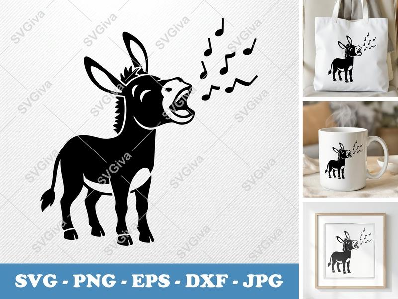 Donkey SVG, Braying Donkey with Music Notes PNG EPS DXF | Cricut & Silhouette Cut File, Farm Animal Vector