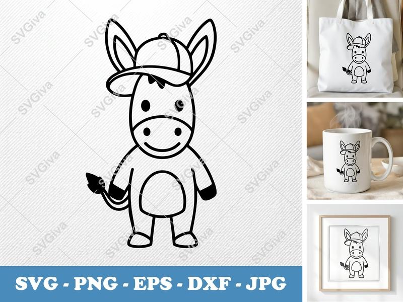 Donkey SVG, Cartoon Baseball Cap Donkey PNG, EPS, DXF | Animal Vector File for Cricut, Silhouette