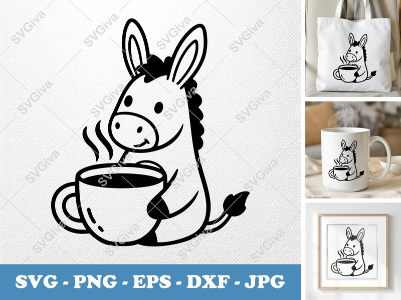 Donkey SVG, Coffee Mug Cut File, Cute Animal PNG, EPS, DXF for Cricut & Silhouette, Modern Farmhouse Clipart