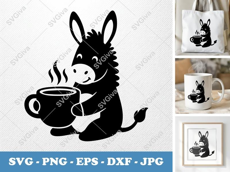 Donkey SVG, Coffee Mug Cut File, Cute Animal PNG, EPS, DXF for Cricut & Silhouette, Morning Drink Vector Art