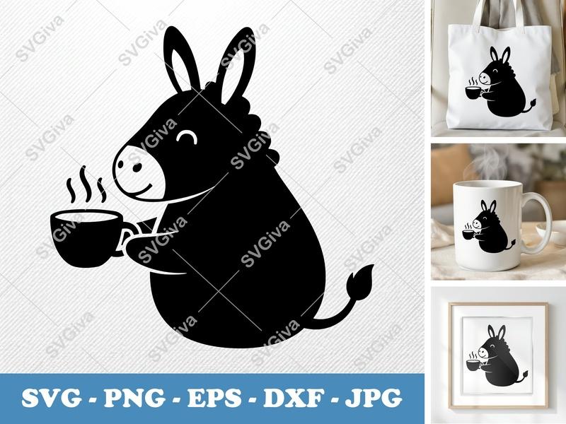 Donkey SVG, Coffee Mug Cut File, Cute Donkey Clip Art, PNG EPS DXF for Cricut & Silhouette, Animal Lover Gift