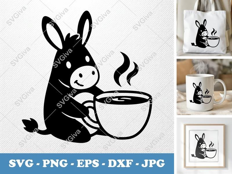 Donkey SVG, Coffee Mug Design, Cute Animal PNG EPS DXF, Cricut Silhouette Cut File, Farm Pet Clip Art Vector Art