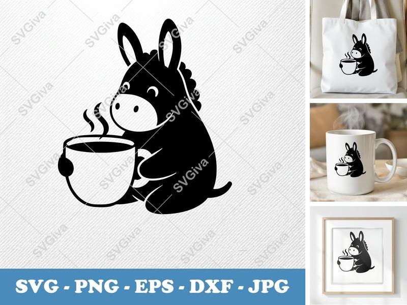 Donkey SVG | Coffee Mug Drinker, Cute Animal Clipart | PNG EPS DXF for Cricut, Silhouette