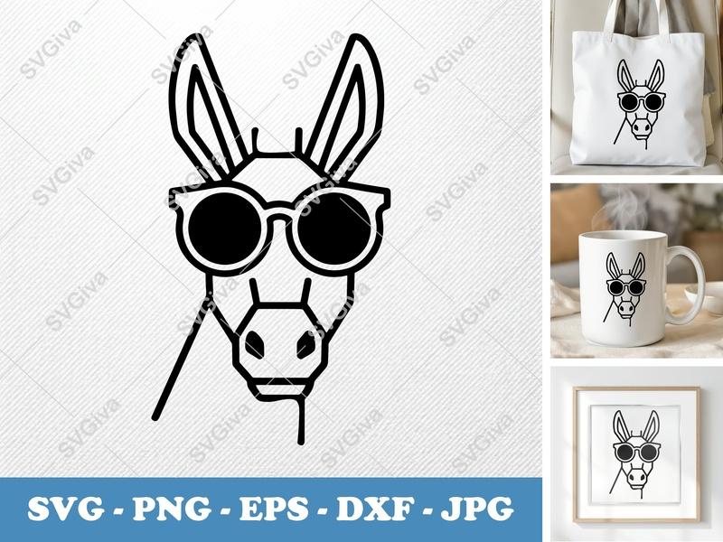 Donkey SVG, Cool Donkey with Sunglasses Cut File, Modern Animal PNG EPS DXF for Cricut & Silhouette