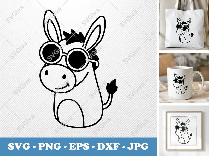 Donkey SVG, Cool Donkey with Sunglasses Cut File, PNG, EPS, DXF for Cricut & Silhouette, Modern Farm Animal Design