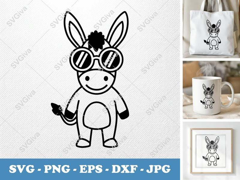 Donkey SVG, Cool Donkey with Sunglasses, Cute Animal PNG EPS DXF, Cricut Silhouette Cut File, Farm Animal Vector Clipart