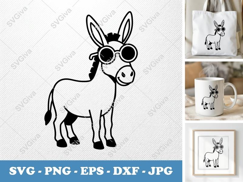 Donkey SVG, Cool Donkey with Sunglasses, Modern Clean Design PNG EPS DXF for Cricut & Silhouette