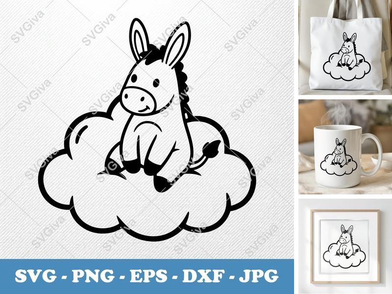 Donkey SVG, Cute Cartoon Donkey on Cloud, PNG EPS DXF, Cricut Silhouette Cut File, Kids Farm Animal Vector Art