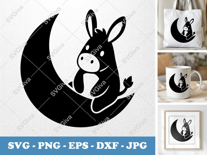 Donkey SVG, Cute Cartoon Donkey on Moon, Animal Cut File for Cricut, Silhouette | PNG EPS DXF Vector