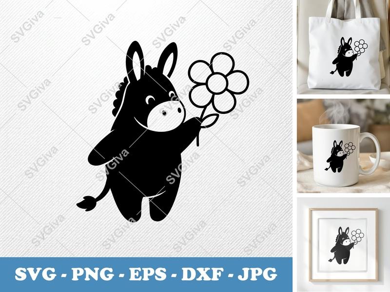Donkey SVG, Cute Cartoon Donkey with Flower PNG EPS DXF | Cricut Silhouette Cut File, Farm Animal Vector