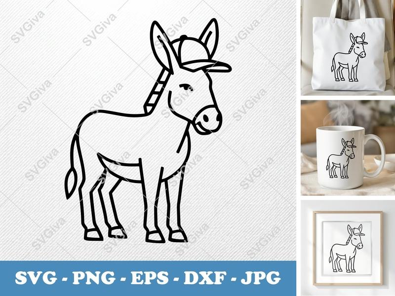 Donkey SVG, Cute Cartoon Donkey with Hat, PNG EPS DXF | Cricut Silhouette Cut File, Farm Animal Vector