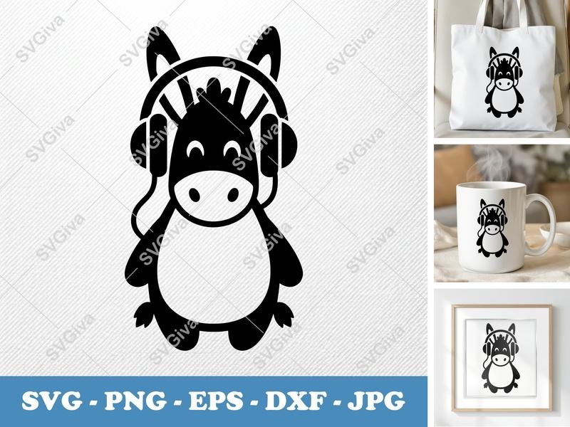 Donkey SVG, Cute Cartoon Donkey with Headphones, Music Lover Animal PNG EPS DXF for Cricut & Silhouette