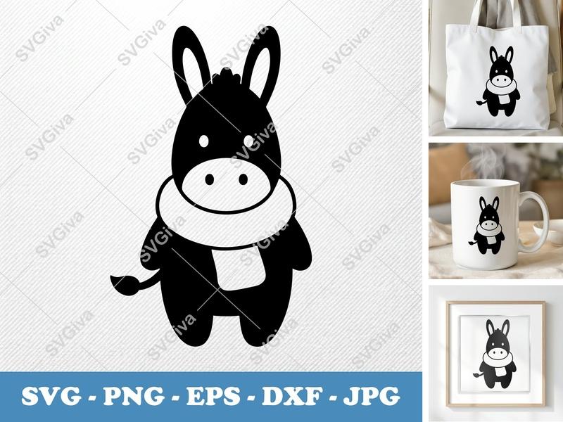 Donkey SVG, Cute Cartoon Donkey with Scarf | PNG EPS DXF Files for Cricut, Silhouette, Kids Craft, Animal Clipart