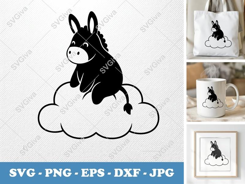 Donkey SVG, Cute Cloud Animal Cut File, Modern Design PNG EPS DXF for Cricut | Silhouette Projects
