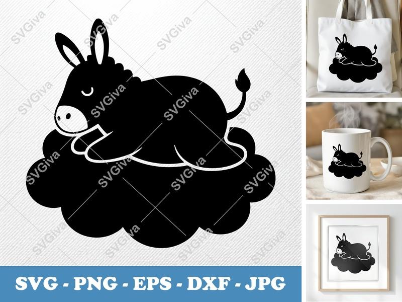 Donkey SVG, Cute Cloud Animal PNG, EPS, DXF Cut File for Cricut & Silhouette, Modern Farm Animal Vector Art