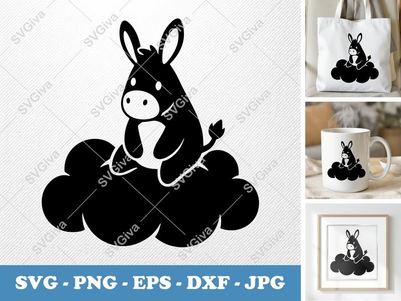 Donkey SVG, Cute Donkey on Cloud, Animal Clipart PNG EPS DXF | Cricut & Silhouette Cut File