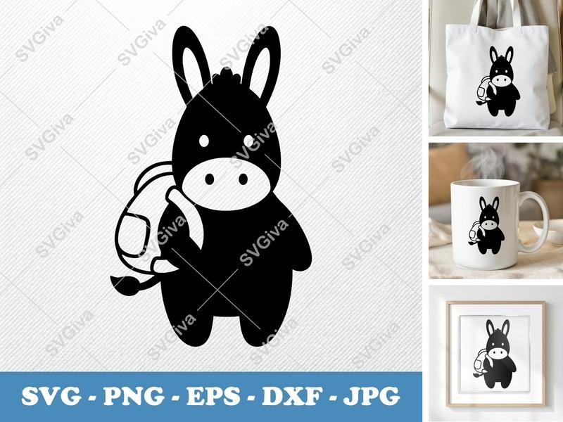 Donkey SVG, Cute Donkey with Backpack, Farm Animal Clipart, PNG, EPS, DXF, Cricut, Silhouette Cut File
