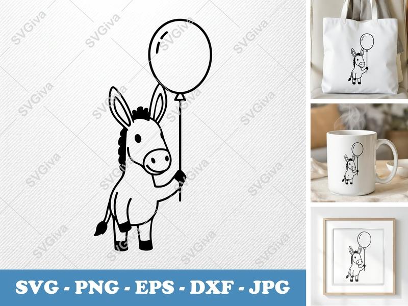 Donkey SVG, Cute Donkey with Balloon PNG EPS DXF | Animal Vector Cut File for Cricut, Silhouette, Kids Crafts