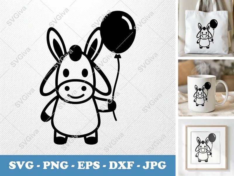 Donkey SVG, Cute Donkey with Balloon PNG EPS DXF | Cricut Silhouette File, Outline Animal Vector Art