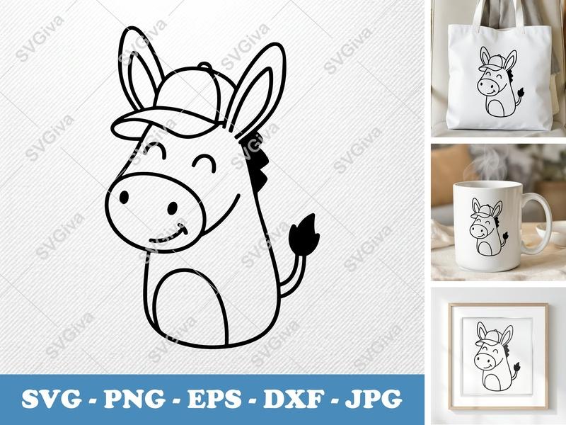 Donkey SVG, Cute Donkey with Cap, Nursery Animal PNG, EPS, DXF for Cricut & Silhouette, Kids Room Decor, Farm Animal