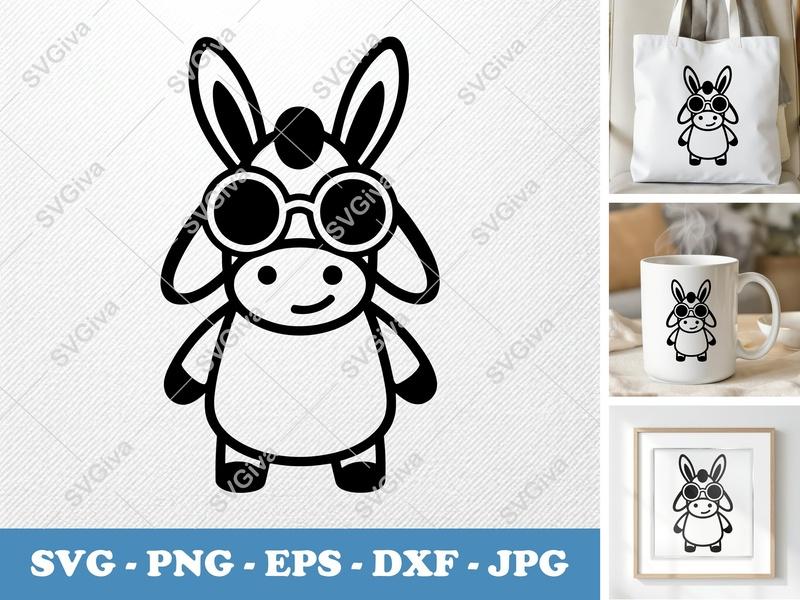 Donkey SVG, Cute Donkey with Glasses, Cartoon Animal PNG EPS DXF for Cricut, Silhouette, Kids Craft, Funny Farm Cut File
