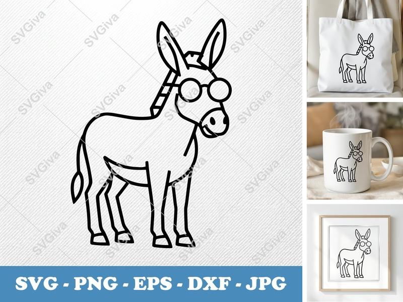 Donkey SVG, Cute Donkey with Glasses, Cartoon Farm Animal PNG EPS DXF for Cricut & Silhouette, Digital Download