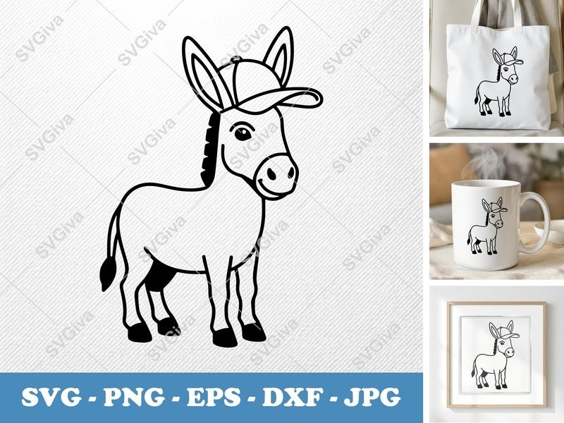 Donkey SVG, Cute Donkey with Hat PNG EPS DXF, Farm Animal Vector, Cricut Silhouette Cut File, Modern Clean Design