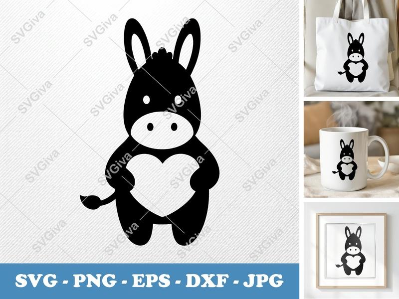 Donkey SVG, Cute Donkey with Heart PNG EPS DXF | Animal Vector, Farm Clipart for Cricut, Silhouette