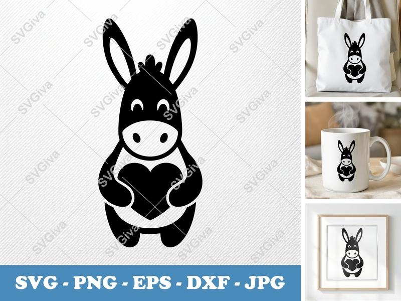 Donkey SVG, Cute Donkey with Heart PNG EPS DXF | Cricut Silhouette File, Farm Animal Vector, Clipart
