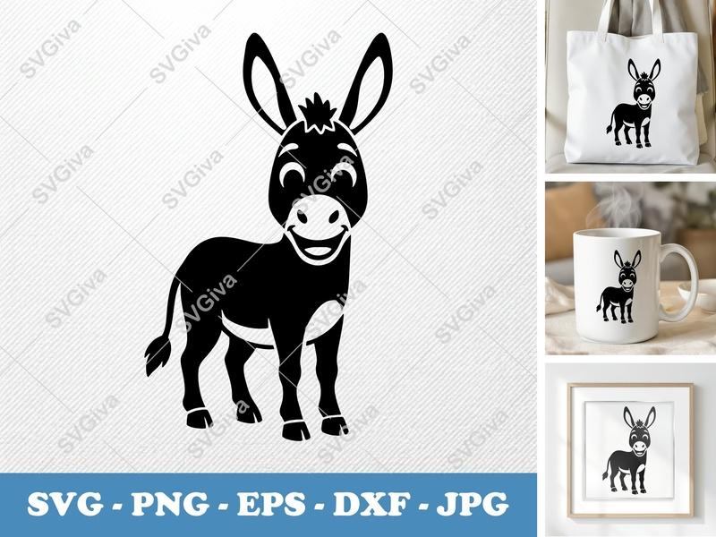 Donkey SVG, Cute Farm Animal Vector, Happy Cartoon Donkey PNG DXF EPS for Cricut & Silhouette