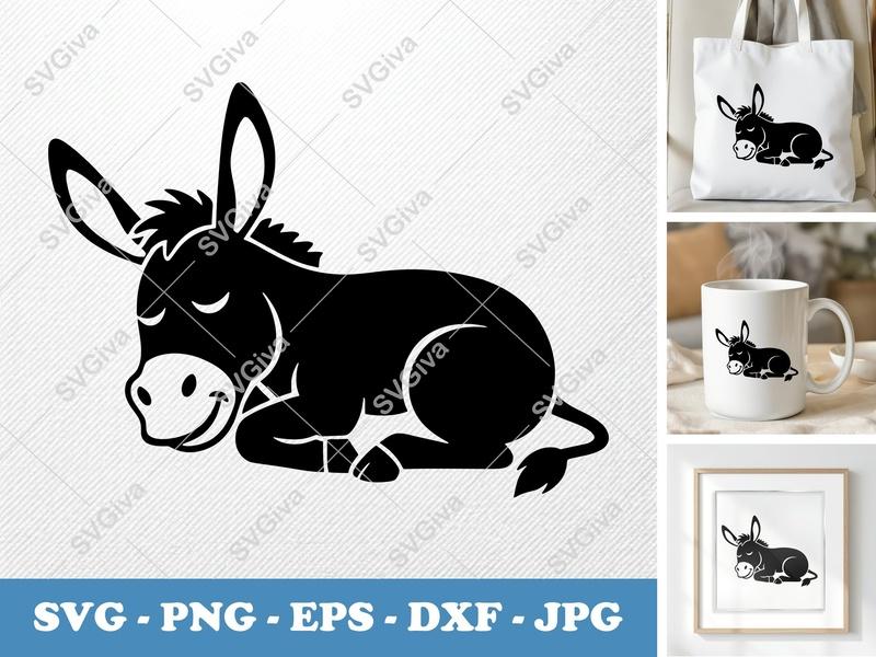 Donkey SVG, Cute Happy Relaxed Donkey Cut File | PNG EPS DXF for Cricut & Silhouette, Farm Animal Vector, Pet Art
