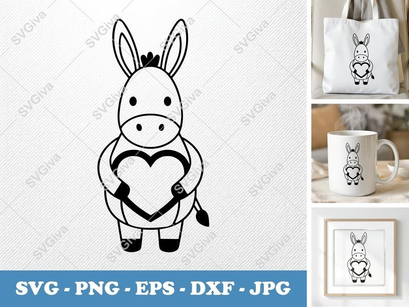 Donkey SVG, Cute Heart Donkey, Farm Animal SVG, Love Donkey | PNG EPS DXF for Cricut & Silhouette