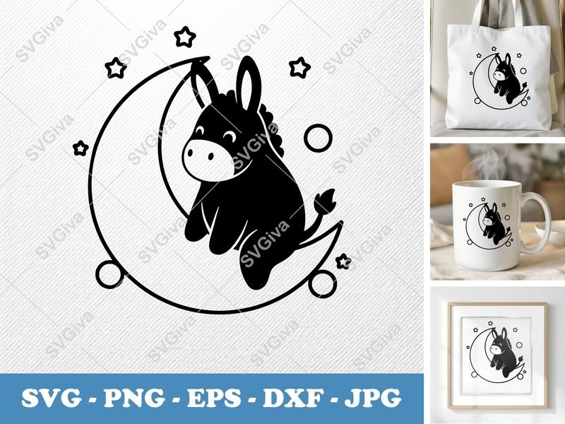 Donkey SVG, Cute Moon Stars Cut File, Nursery PNG, EPS, DXF for Cricut & Silhouette, Baby Animal Vector