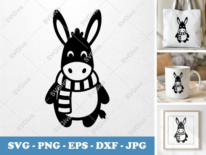 Donkey SVG, Cute Scarf Donkey Cut File | PNG, EPS, DXF for Cricut & Silhouette | Animal Vector, Farm Clipart