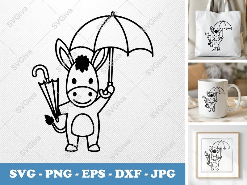 Donkey SVG, Cute Umbrella Cartoon Animal, Funny Farm Cut File, PNG EPS DXF for Cricut, Silhouette