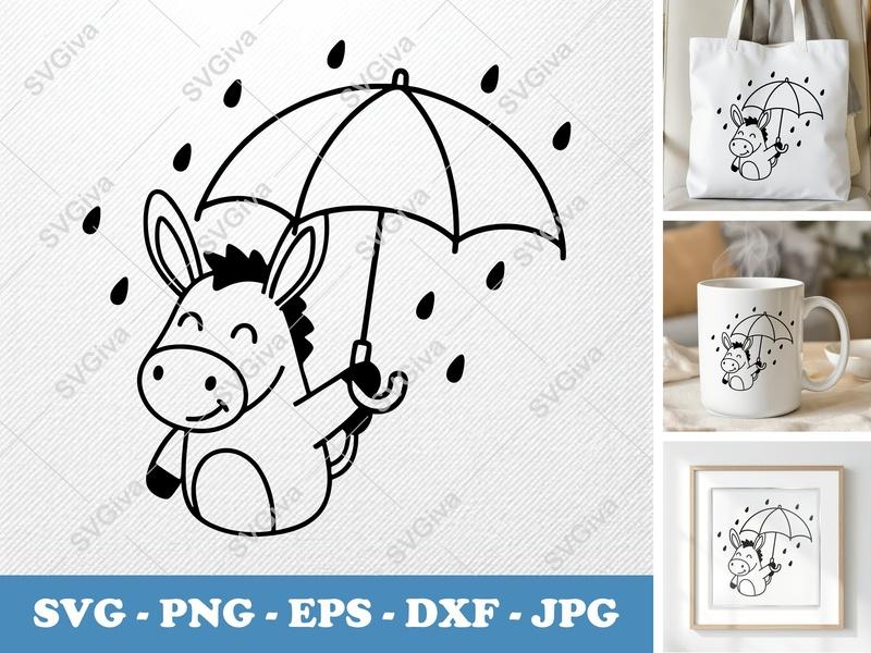 Donkey SVG, Cute Umbrella Rain Art, PNG EPS DXF | Cricut Silhouette File, Cartoon Animal Clipart, Farm Bundle