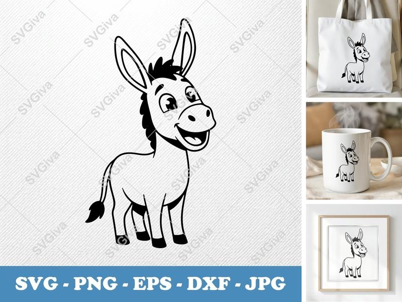 Donkey SVG, Happy Cartoon Donkey PNG EPS DXF | Farm Animal Cut File for Cricut, Silhouette