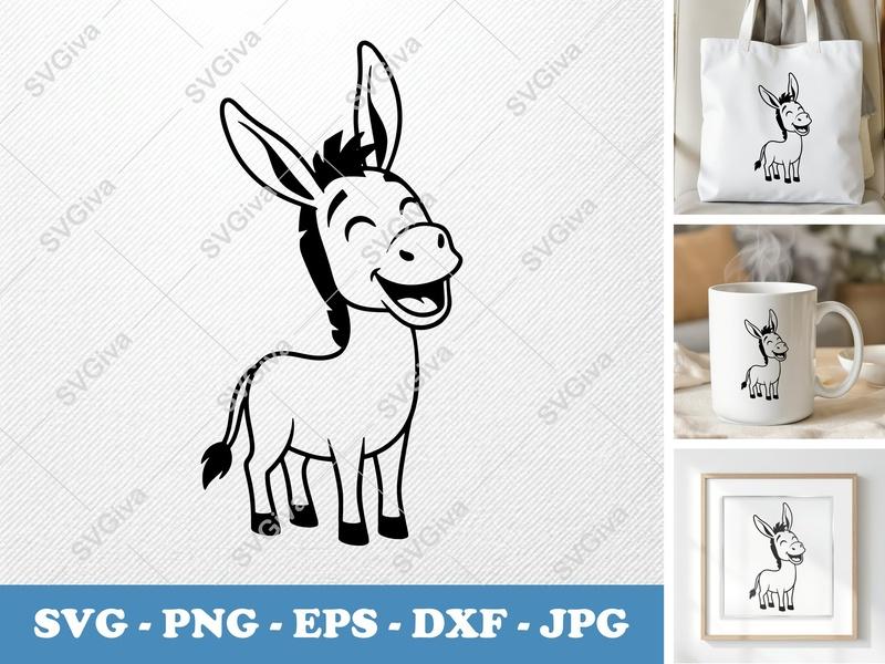Donkey SVG, Happy Donkey Face, Cartoon Mule, Farm Animal Cut File for Cricut, Silhouette | PNG EPS DXF Vector Clipart