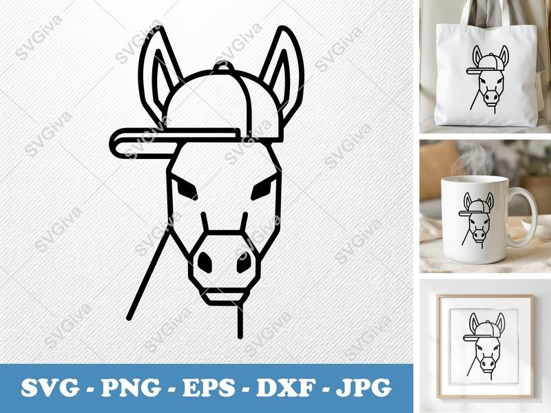 Donkey SVG, Modern Geometric Design with Cap | PNG EPS DXF | Cricut Silhouette Cut File, Animal Clipart