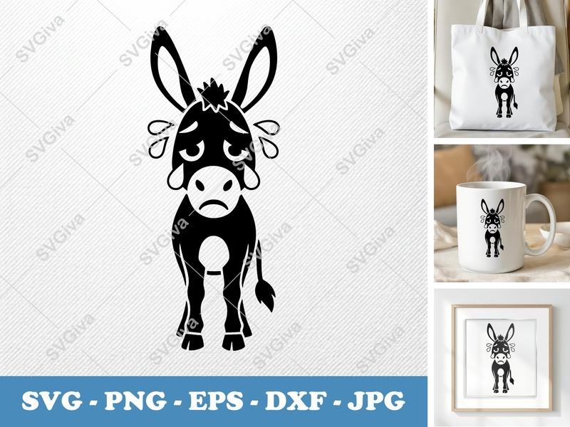 Donkey SVG, Sad Crying Donkey Cut File, PNG EPS DXF, Cricut Silhouette Vector Art, Farm Animal Clip Art