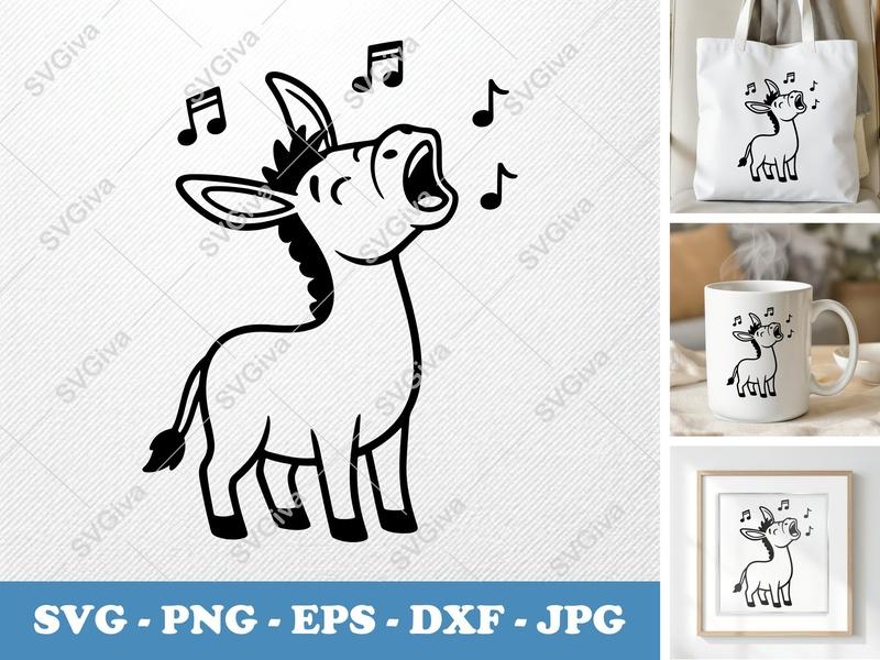 Donkey SVG, Singing Donkey Cut File, Animal Music Notes PNG EPS DXF for Cricut, Silhouette, Farm Animal Clipart