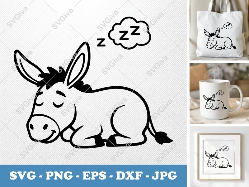 Donkey SVG, Sleeping Donkey Cut File, Cute Animal Design, PNG EPS DXF | Cricut Silhouette Vector