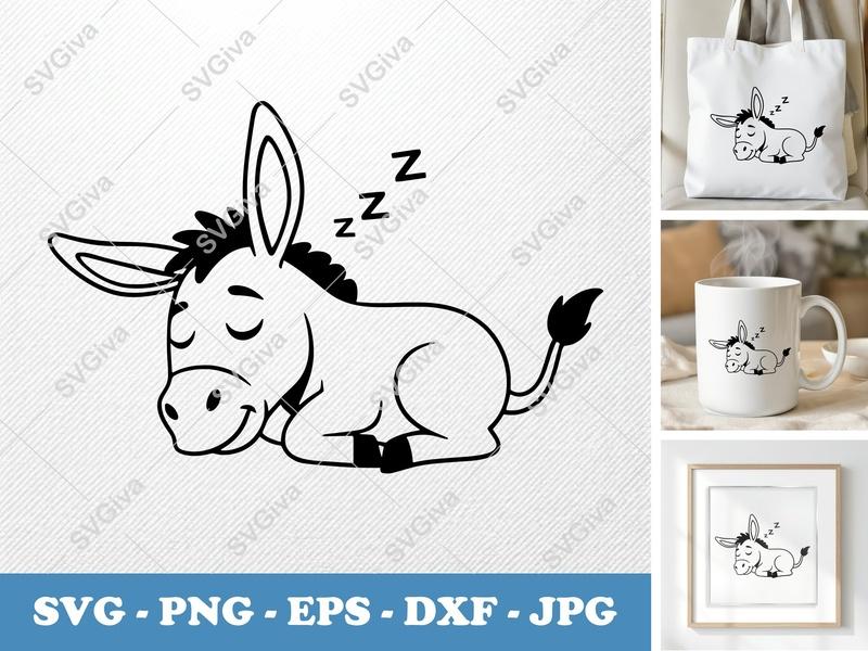 Donkey SVG, Sleeping Donkey Cut File | PNG EPS DXF for Cricut, Silhouette | Cute Animal Vector, Farm Clipart