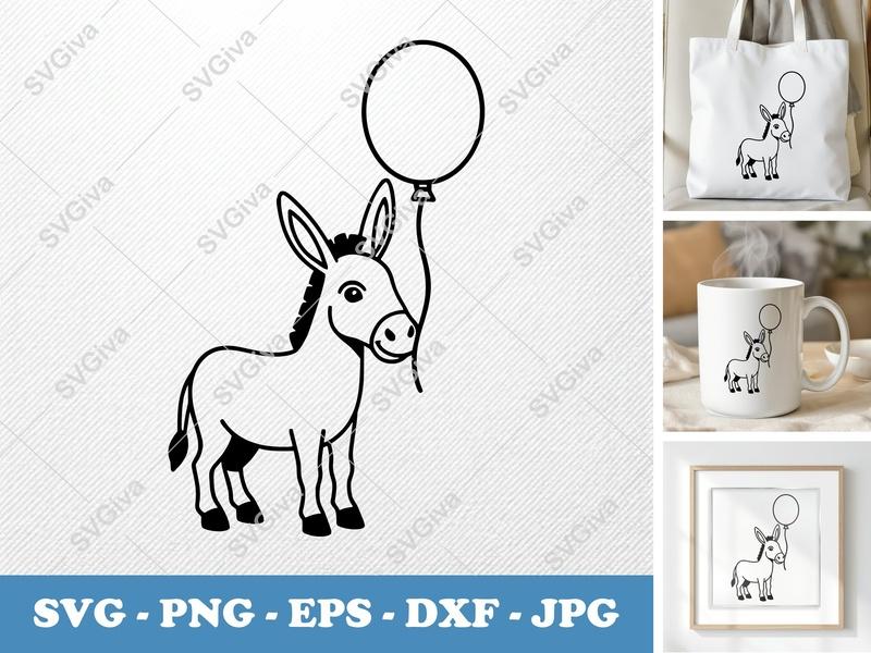 Donkey SVG with Balloon | Cute Animal Cut File PNG EPS DXF | Cricut Silhouette Design | Party Celebration