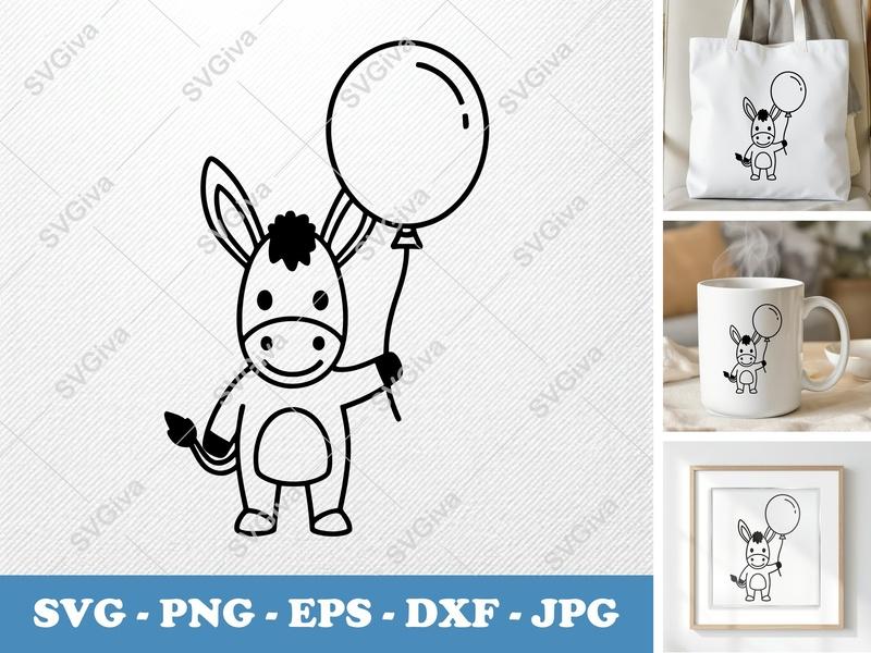Donkey SVG with Balloon | Cute Donkeys, Farm Animal Cut File for Cricut & Silhouette | PNG EPS DXF | Outline Vector Art