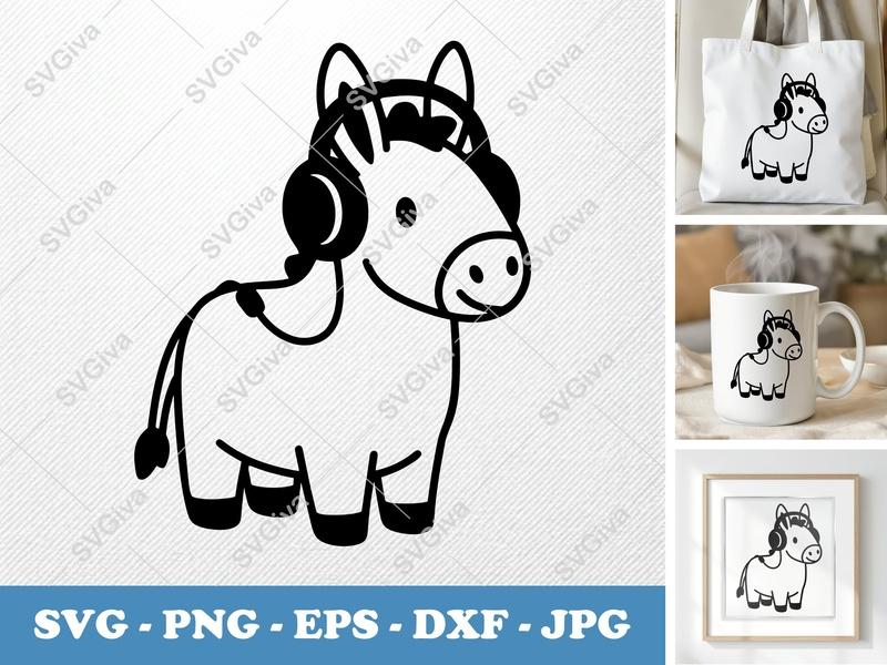 Donkey Wearing Headphones SVG PNG DXF EPS | Cricut Silhouette Cut File Animal