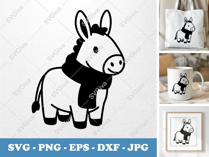 Donkey Wearing Scarf SVG PNG DXF EPS | Cricut Silhouette Cut File | Cute Animal Vector Design